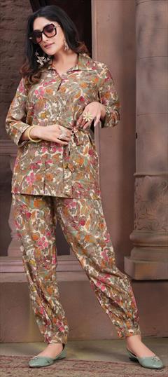 Casual Beige and Brown color Co-ords Set in Chanderi Silk fabric with Digital Print work : 1923280