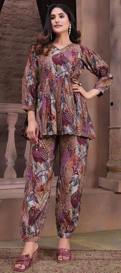 Casual, Summer Beige and Brown, Purple and Violet color Co-ords Set in Chanderi Silk fabric with Digital Print work : 1923287