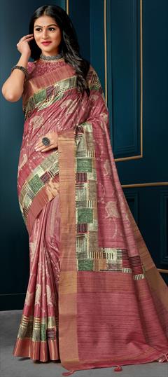 Traditional, Wedding Pink and Majenta color Saree in Silk fabric with South Digital Print, Embroidered, Thread work : 1923304
