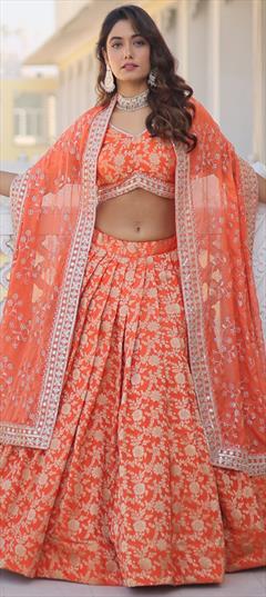 Reception, Wedding Orange color Long Lehenga Choli in Viscose fabric with Flared Embroidered, Sequence, Thread work : 1923321