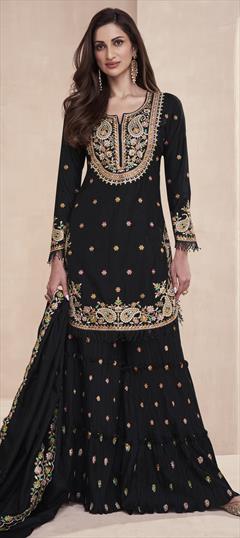 Mehendi Sangeet, Reception, Wedding Black and Grey color Salwar Kameez in Silk fabric with Sharara Embroidered, Resham, Thread, Zari work : 1923326