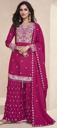 Mehendi Sangeet, Reception, Wedding Pink and Majenta color Salwar Kameez in Silk fabric with Sharara Embroidered, Resham, Thread, Zari work : 1923327