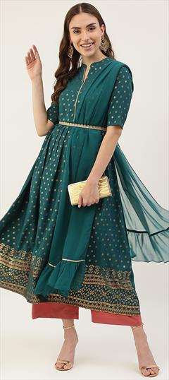 Party Wear Blue color Kurti in Crepe Silk fabric with A Line, Short Sleeve Printed work : 1923331