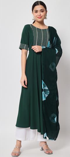 Party Wear Green color Kurti in Crepe Silk fabric with A Line, Short Sleeve Printed work : 1923332