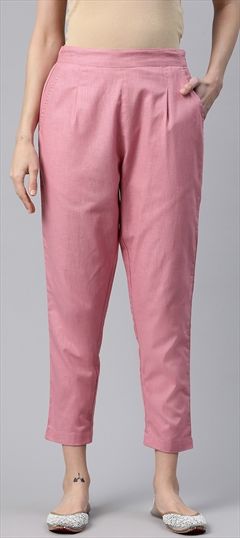Casual Pink and Majenta color Jeggings in Linen fabric with Thread work : 1923413