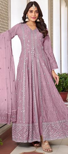 Festive, Reception, Wedding Pink and Majenta color Salwar Kameez in Faux Georgette fabric with Anarkali Embroidered, Sequence, Thread work : 1923456