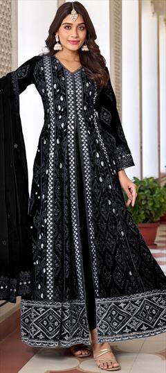 Festive, Reception, Wedding Black and Grey color Salwar Kameez in Faux Georgette fabric with Anarkali Embroidered, Sequence, Thread work : 1923457