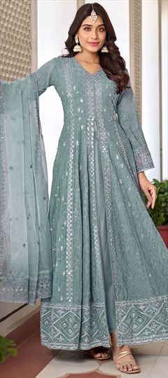 Festive, Reception, Wedding Blue color Salwar Kameez in Faux Georgette fabric with Anarkali Embroidered, Sequence, Thread work : 1923459