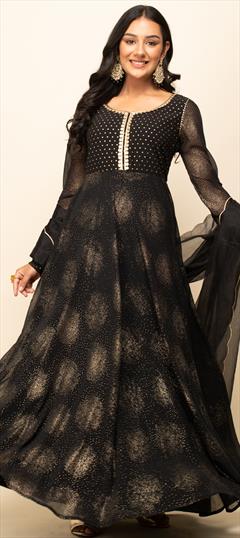Festive, Party Wear, Reception Black and Grey color Gown in Georgette fabric with Foil Print work : 1923467