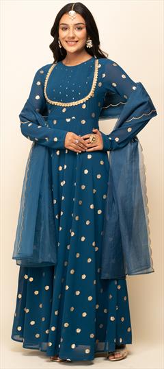 Festive, Party Wear, Reception Blue color Gown in Georgette fabric with Foil Print work : 1923469
