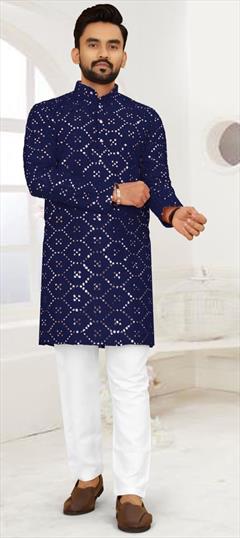 Festive, Party Wear Blue color Kurta Pyjamas in Art Silk fabric with Embroidered, Mirror, Thread work : 1923494