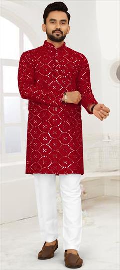Festive, Party Wear Red and Maroon color Kurta Pyjamas in Art Silk fabric with Embroidered, Mirror, Thread work : 1923495