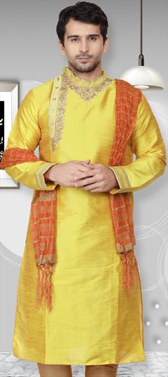 Party Wear Yellow color Kurta in Dupion Silk fabric with Embroidered, Thread work : 1923578