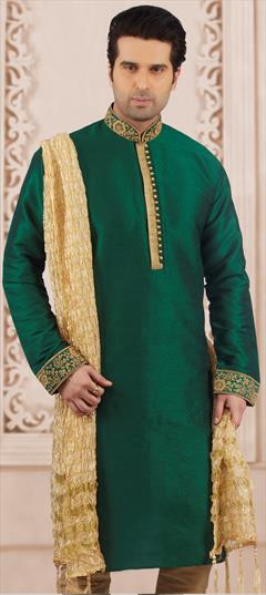Party Wear Green color Kurta in Dupion Silk fabric with Embroidered, Thread work : 1923580