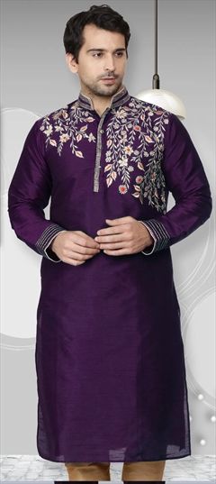 Party Wear Purple and Violet color Kurta in Dupion Silk fabric with Embroidered, Thread work : 1923582