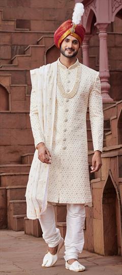 Wedding Beige and Brown color Sherwani in Art Silk fabric with Embroidered, Sequence, Thread work : 1923636