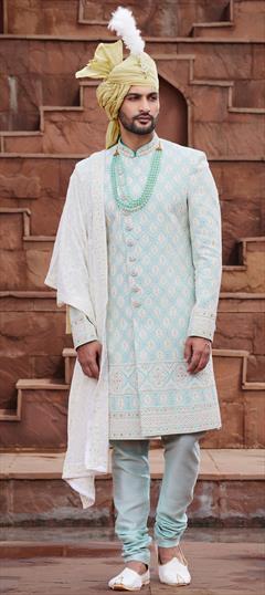 Wedding Green color Sherwani in Georgette fabric with Embroidered, Sequence, Thread work : 1923639
