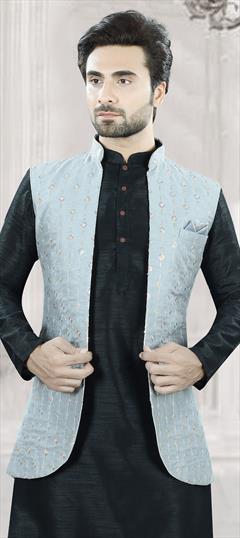 Party Wear Black and Grey color Nehru Jacket in Silk fabric with Embroidered, Thread work : 1923663