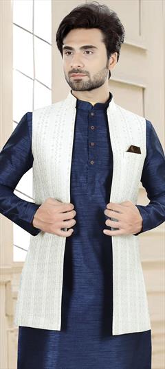 Party Wear Silver color Nehru Jacket in Jacquard fabric with Thread, Weaving work : 1923665