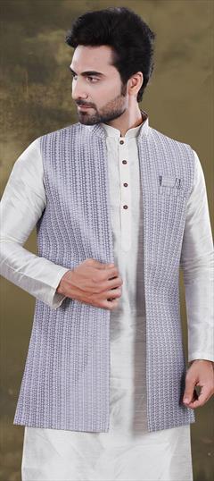 Party Wear Black and Grey color Nehru Jacket in Jacquard fabric with Thread, Weaving work : 1923668