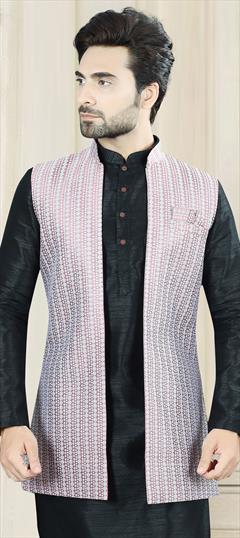 Party Wear Pink and Majenta color Nehru Jacket in Jacquard fabric with Thread, Weaving work : 1923669