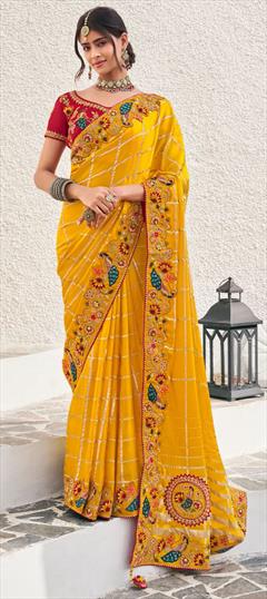 Bridal, Wedding Yellow color Saree in Silk fabric with South Border, Embroidered, Sequence, Thread, Weaving work : 1923696