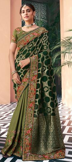 Bridal, Wedding Green color Saree in Silk fabric with South Border, Embroidered, Sequence, Thread, Weaving work : 1923698