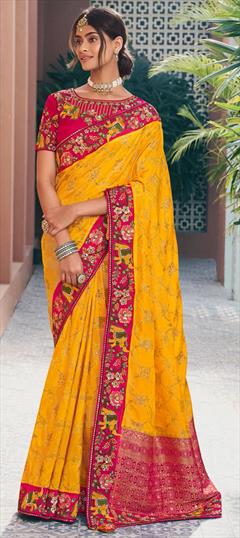 Bridal, Wedding Yellow color Saree in Silk fabric with South Border, Embroidered, Sequence, Thread, Weaving work : 1923700