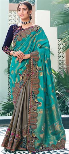 Bridal, Wedding Black and Grey, Blue color Saree in Silk fabric with South Border, Embroidered, Sequence, Thread, Weaving work : 1923702