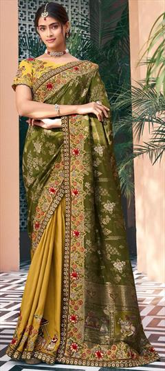 Bridal, Wedding Green, Yellow color Saree in Silk fabric with South Border, Embroidered, Sequence, Thread, Weaving work : 1923703