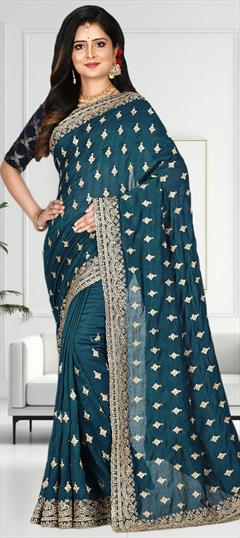 Bridal, Wedding Blue color Saree in Silk fabric with South Embroidered, Stone, Thread, Zari work : 1923719