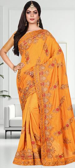Bridal, Wedding Yellow color Saree in Silk fabric with South Embroidered, Stone, Thread, Zari work : 1923724