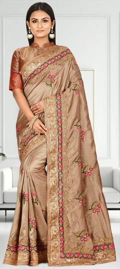 Bridal, Wedding Beige and Brown color Saree in Silk fabric with South Border, Embroidered, Resham, Stone, Thread, Zari work : 1923726