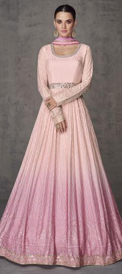 Festive, Reception, Wedding Pink and Majenta color Gown in Georgette fabric with Embroidered, Mirror, Sequence, Thread work : 1923802