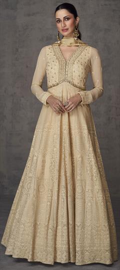 Festive, Reception, Wedding Beige and Brown color Gown in Georgette fabric with Embroidered, Mirror, Sequence, Thread work : 1923803