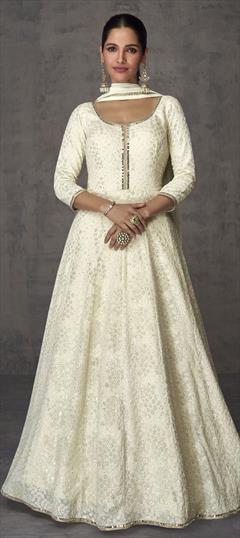 Festive, Reception, Wedding White and Off White color Gown in Georgette fabric with Embroidered, Mirror, Sequence, Thread work : 1923804