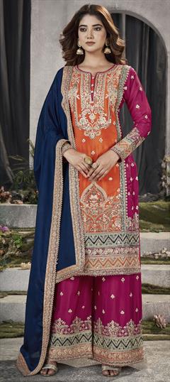 Mehendi Sangeet, Reception, Wedding Beige and Brown, Pink and Majenta color Salwar Kameez in Silk fabric with Palazzo, Straight Embroidered, Mirror, Stone work : 1923807