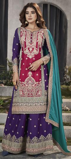 Mehendi Sangeet, Reception, Wedding Purple and Violet, Red and Maroon color Salwar Kameez in Silk fabric with Palazzo, Straight Embroidered, Mirror, Stone work : 1923808