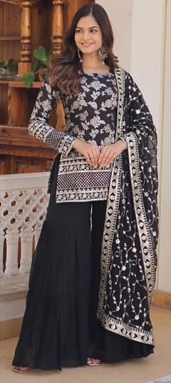Reception, Wedding Black and Grey color Salwar Kameez in Viscose fabric with Sharara, Straight Embroidered, Sequence, Zari work : 1923811