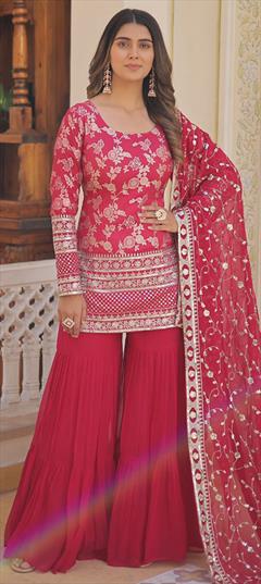 Reception, Wedding Pink and Majenta color Salwar Kameez in Viscose fabric with Sharara, Straight Embroidered, Sequence, Zari work : 1923812