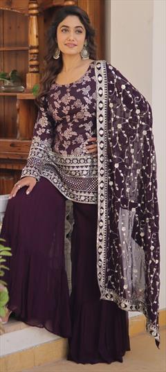 Reception, Wedding Purple and Violet color Salwar Kameez in Viscose fabric with Sharara, Straight Embroidered, Sequence, Zari work : 1923813