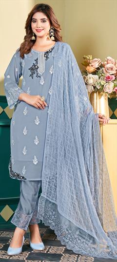 Festive, Party Wear, Reception Black and Grey color Salwar Kameez in Faux Georgette fabric with Straight Embroidered, Resham, Thread work : 1923815