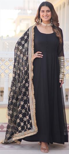 Festive, Reception, Wedding Black and Grey color Gown in Faux Georgette fabric with Embroidered, Sequence, Thread work : 1923817