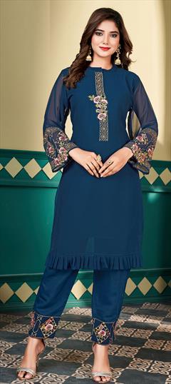 Festive, Party Wear, Reception Blue color Salwar Kameez in Faux Georgette fabric with Straight Embroidered, Resham, Thread work : 1923820