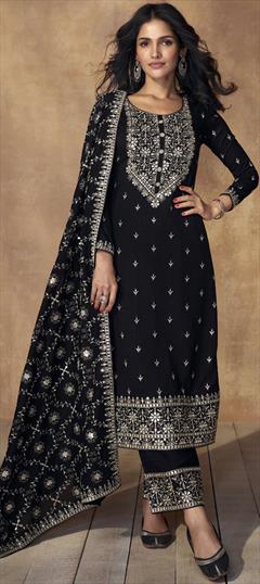 Festive, Party Wear, Reception Black and Grey color Salwar Kameez in Silk fabric with Palazzo, Straight Embroidered, Resham, Thread work : 1923822