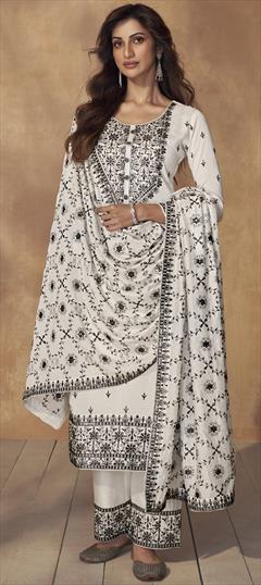 Festive, Party Wear, Reception White and Off White color Salwar Kameez in Silk fabric with Palazzo, Straight Embroidered, Resham, Thread work : 1923824
