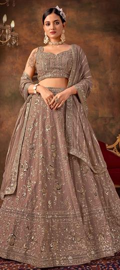 Engagement, Reception, Wedding Beige and Brown color Lehenga in Georgette fabric with Flared Sequence, Thread, Zari work : 1923831