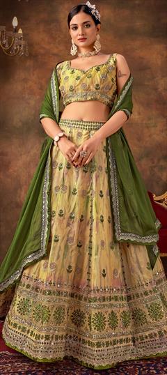 Engagement, Reception, Wedding Multicolor color Lehenga in Organza Silk fabric with Flared Embroidered, Sequence, Thread, Zari work : 1923837