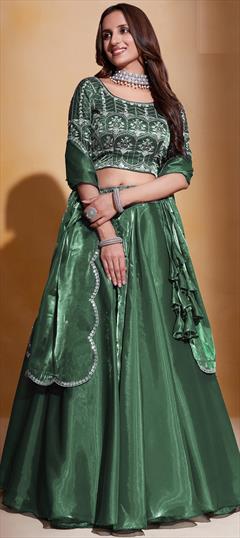 Bridal, Wedding Green color Lehenga in Organza Silk fabric with Flared Embroidered, Sequence, Thread work : 1923843