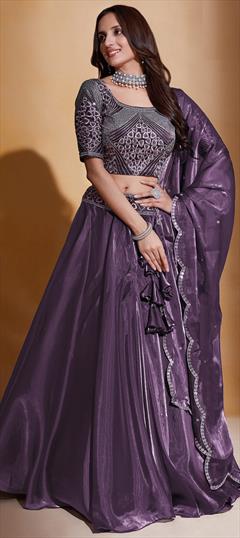 Bridal, Wedding Purple and Violet color Lehenga in Organza Silk fabric with Flared Embroidered, Sequence, Thread work : 1923845